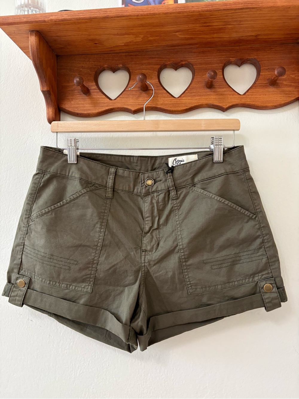 Women's Olive Utility Cargo Shorts with Button-Tab Hem